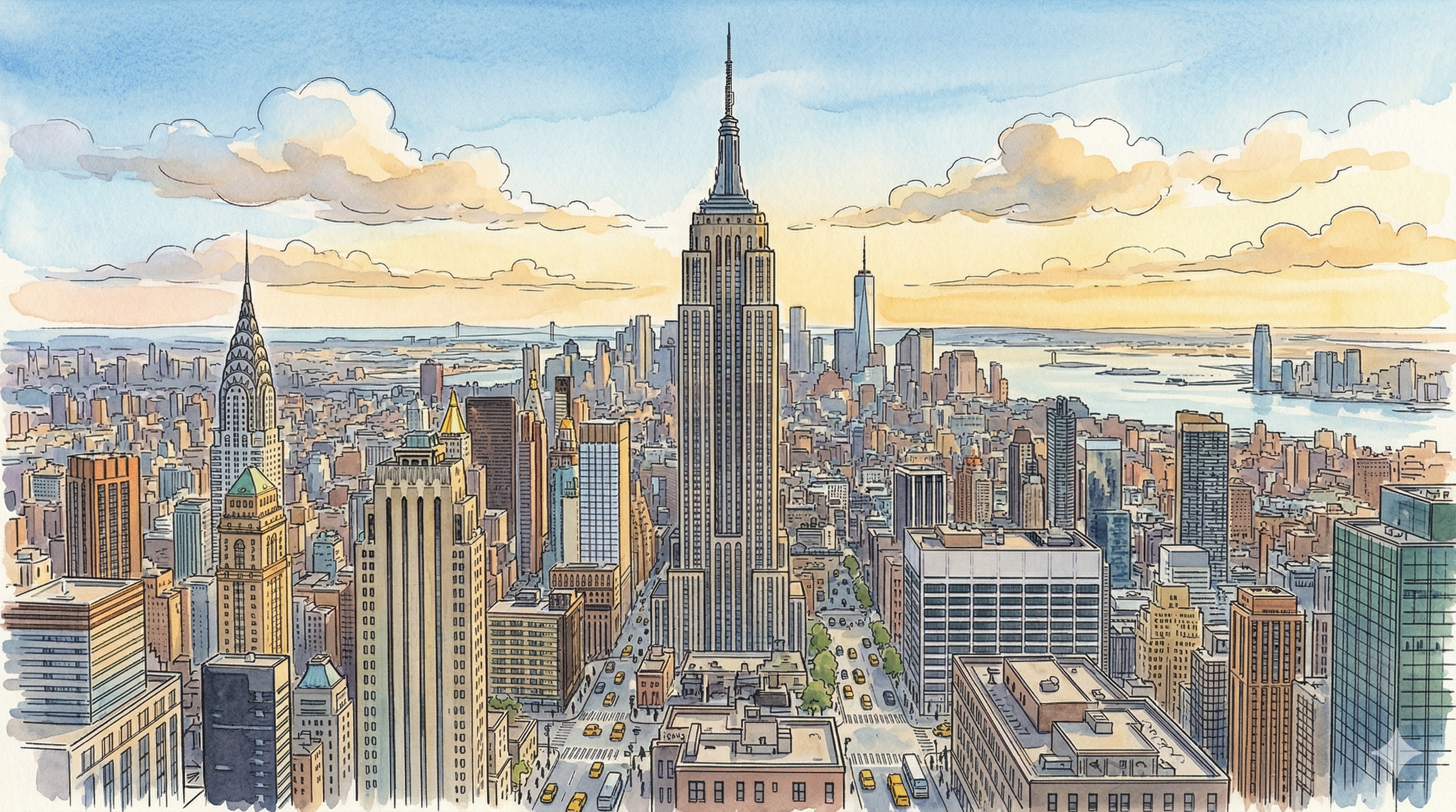 Watercolor illustration of the New York City skyline with the Empire State Building
